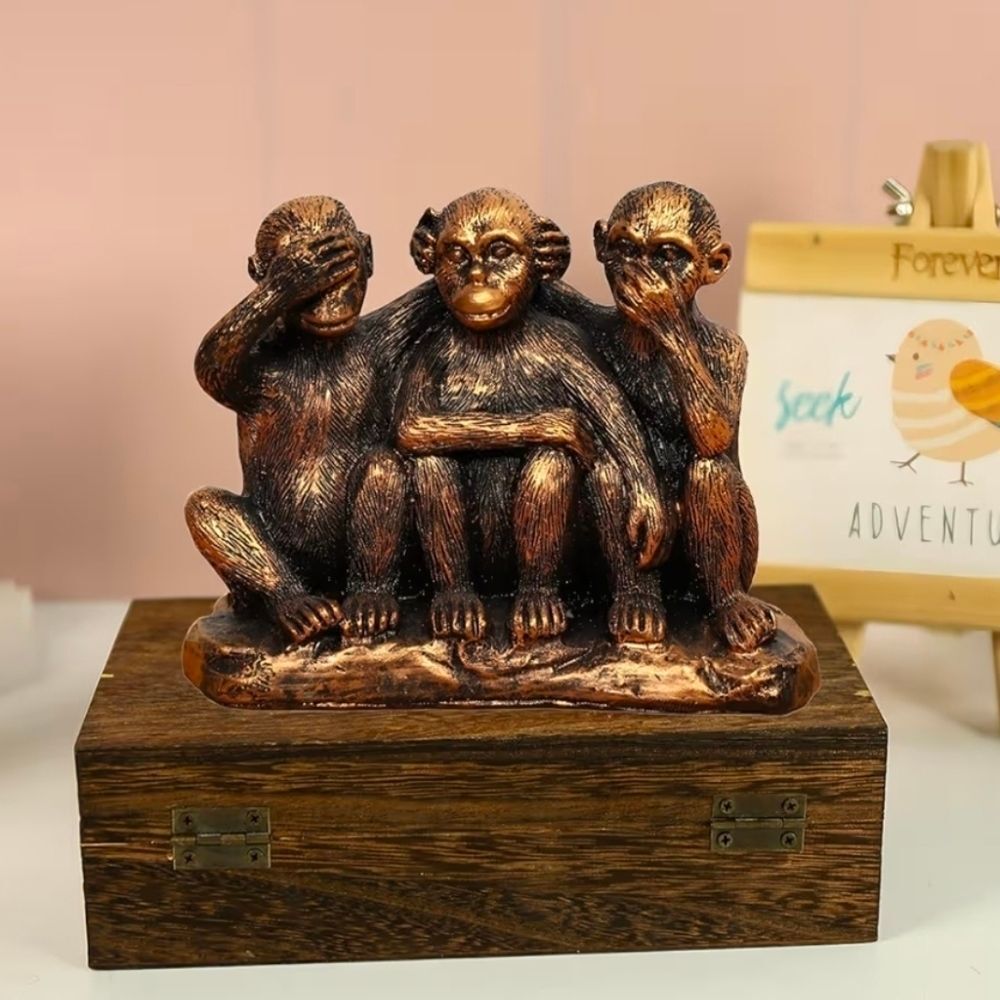 ☔️🔹️🅰️NIB Bronze Coated Resin Hear No Evil See No Evil Tabletop Monkeys